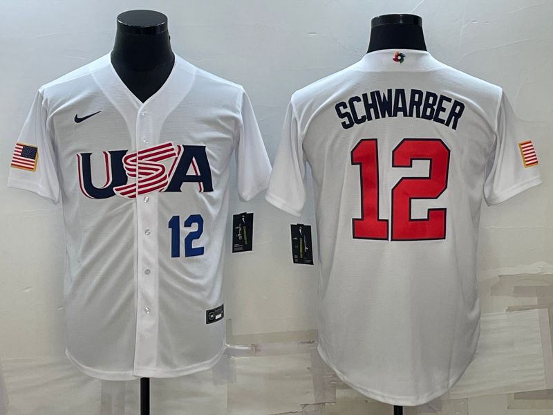 Men 2023 World Cub USA #12 Schwarber White Nike MLB Jersey
